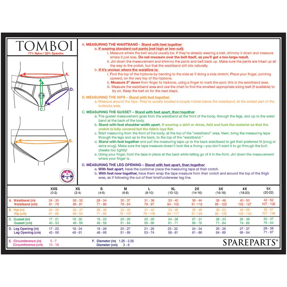 SpareParts Tomboi Nylon Briefs Strap-on Harness Size Chart