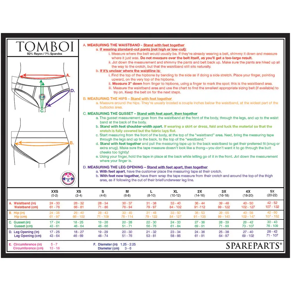 SpareParts Tomboi Rayon Briefs Strap-on Harness Size Chart