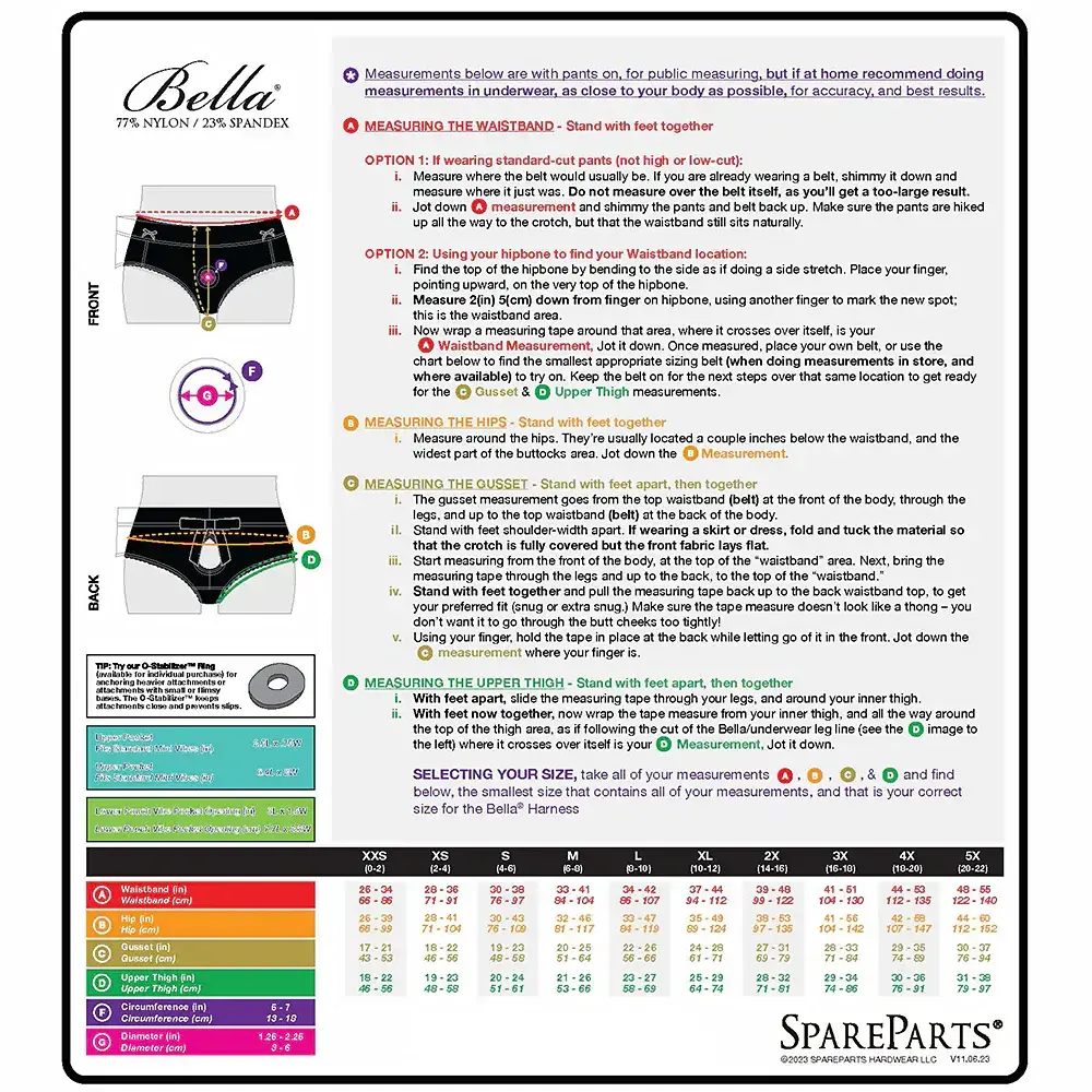 SpareParts Hardwear | Bella Cleavage Booty Short Strap-On Harness - Size Chart