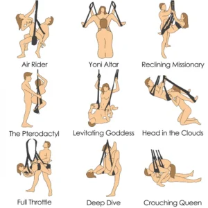 XR Brands Trinity Sex Swing Positions: Air Rider, Yoni Altar, Reclining Missionary, The Pterodactyl, Levitating Goddess, Head in the Clouds, Full Throttle, Deep Dive, Crouching Queen