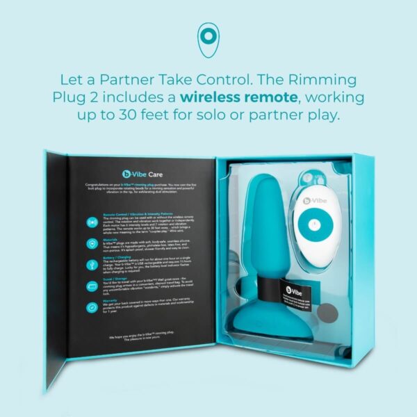 b-Vibe Rimming Plug 2 Rotating and Vibrating Remote Control Butt Plug - Teal