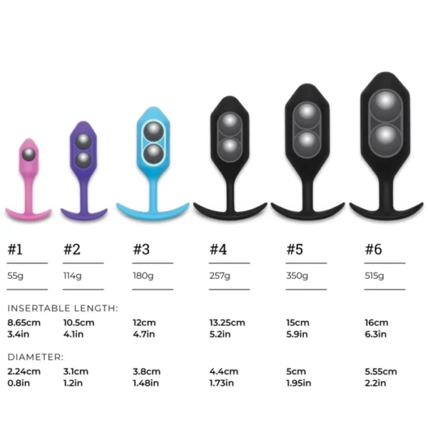 b-Vibe Snug Plug Weighted Butt Plug Collection Size Chart