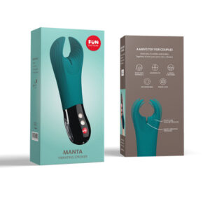 Fun Factory Manta Vibrating Penis Stroker - Deep Sea Blue Packaging