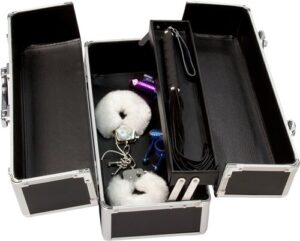 BMS Factory Large Lockable Sex Toy Storage Box opened with handcuffs and vibrators inside - Black
