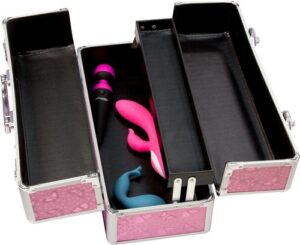 BMS Factory Large Lockable Sex Toy Storage Box opened with vibrators inside - Pink
