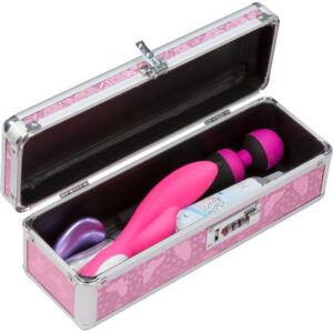 BMS Factory Medium Lockable Sex Toy Storage Box opened with vibrators inside - Pink