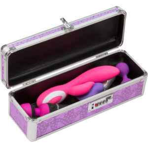 BMS Factory Medium Lockable Sex Toy Storage Box opened with vibrators inside - Purple