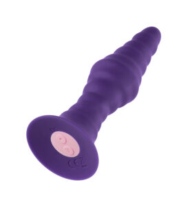 FemmeFunn Pyra Vibrating Ribbed Suction Cup Base Butt Plug Small Dark Purple Angled