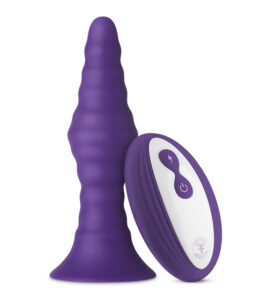FemmeFunn Pyra Vibrating Ribbed Suction Cup Base Butt Plug Small Dark Purple Angled