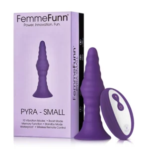 FemmeFunn Pyra Vibrating Ribbed Suction Cup Base Butt Plug Small Dark Purple Angled