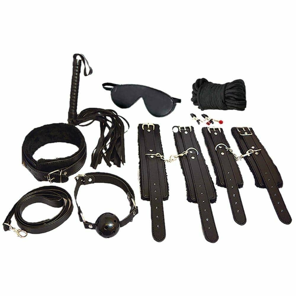  Sex Toy BDSM Restraints, 9 PCS Bondage Set, Adult Toy BDSM Kit  for Beginner and Advanced, Adult Game with Leather Texture Handcuffs,  Collar, Ankle Cuff, Blindfold, Nipple clamp for Couples Sex