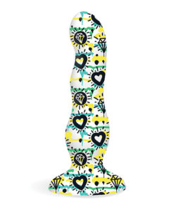 Icon Brands Collage Diamonds and Hearts Curvy Silicone Suction Cup Colorful Dildo
