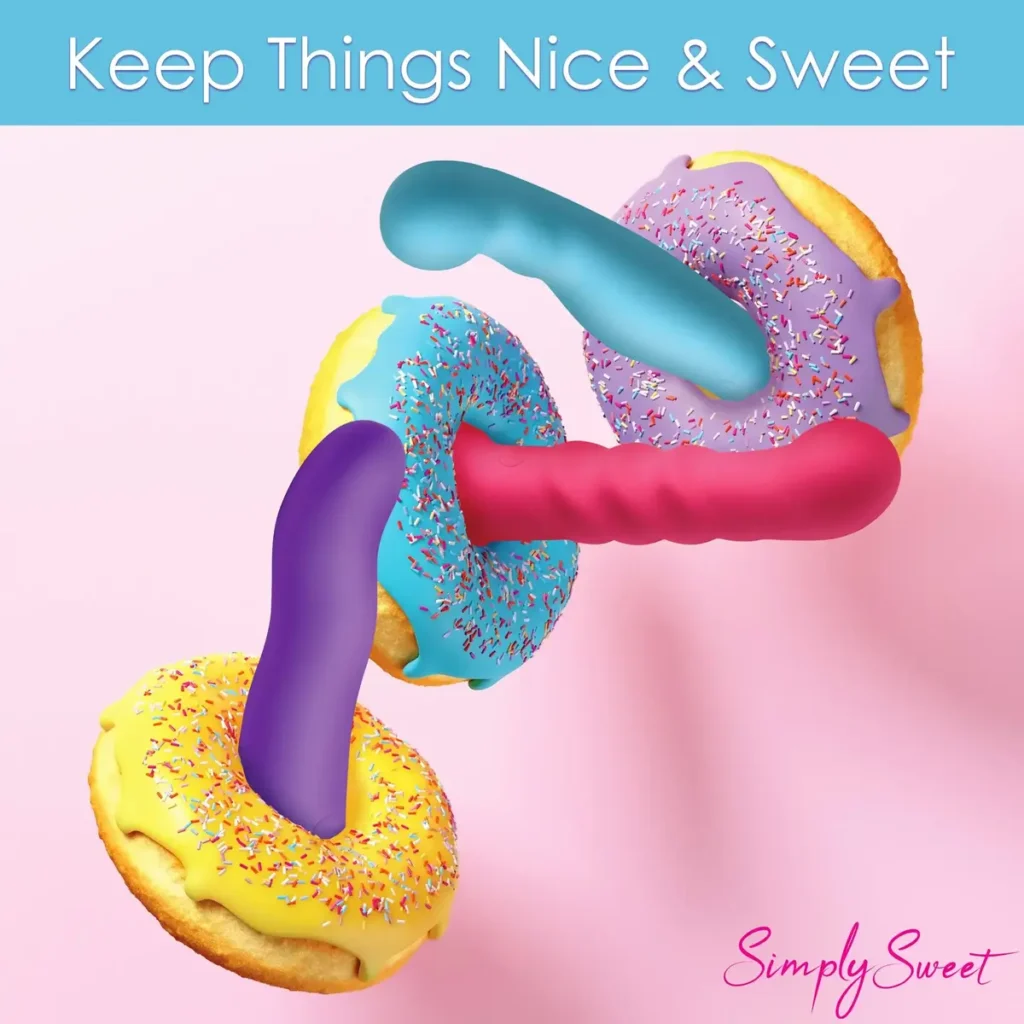 Curve Toys Simply Sweet Group 21X Thick, Wavy, and Ribbed Vibrating Remote Controlled Dildos inserted through doughnuts