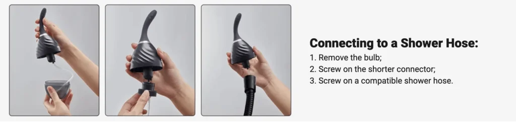 Connecting Bulby to a Shower Hose: 1. Remove the bulb; 2. Screw on the shorter connector; 3. Screw on a compatible shower hose.