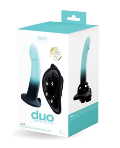 VeDO Duo Silicone Dildo with Harness - Turquoise:Black