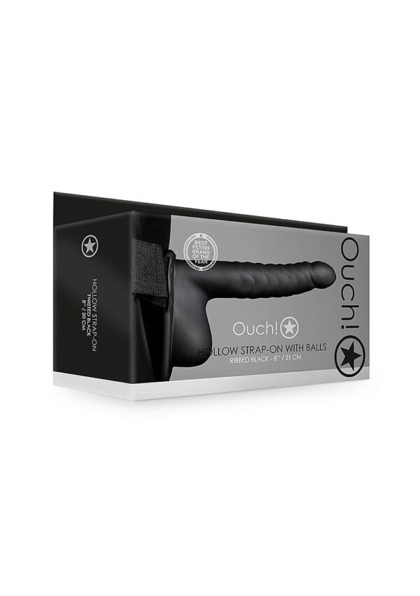 Ouch! Ribbed 8 in. Hollow Strap-On with Balls - Black