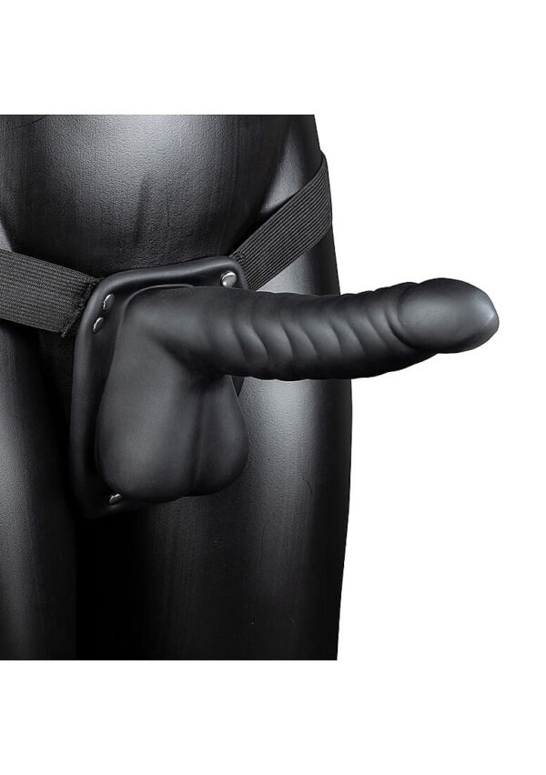 Ouch! Ribbed 8 in. Hollow Strap-On with Balls - Black