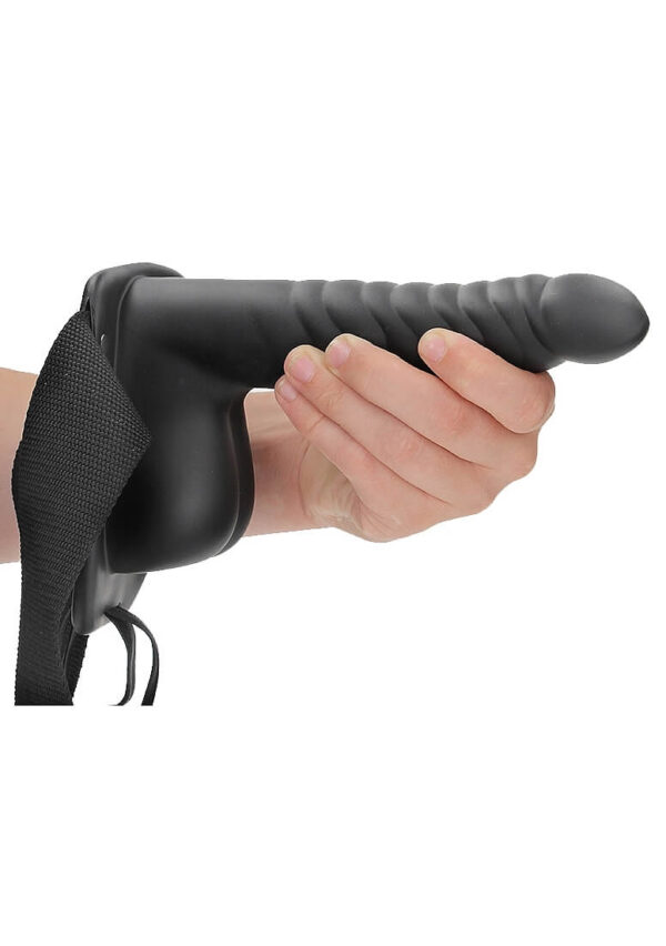 Ouch! Ribbed 8 in. Hollow Strap-On with Balls - Black