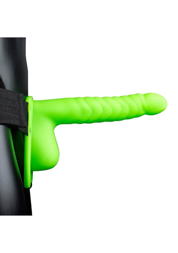 Ouch! Ribbed 8 in. Hollow Strap-On with Balls - Neon Green