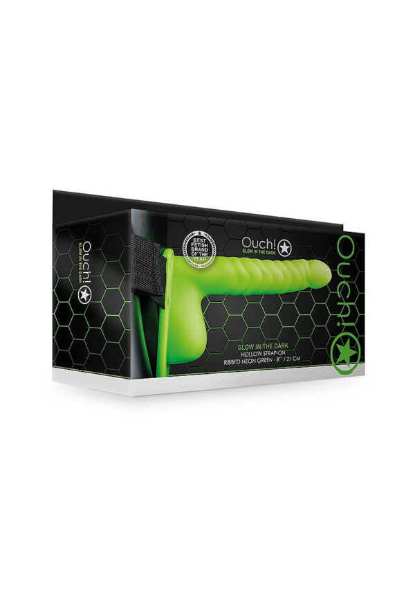 Ouch! Ribbed 8 in. Hollow Strap-On with Balls - Neon Green