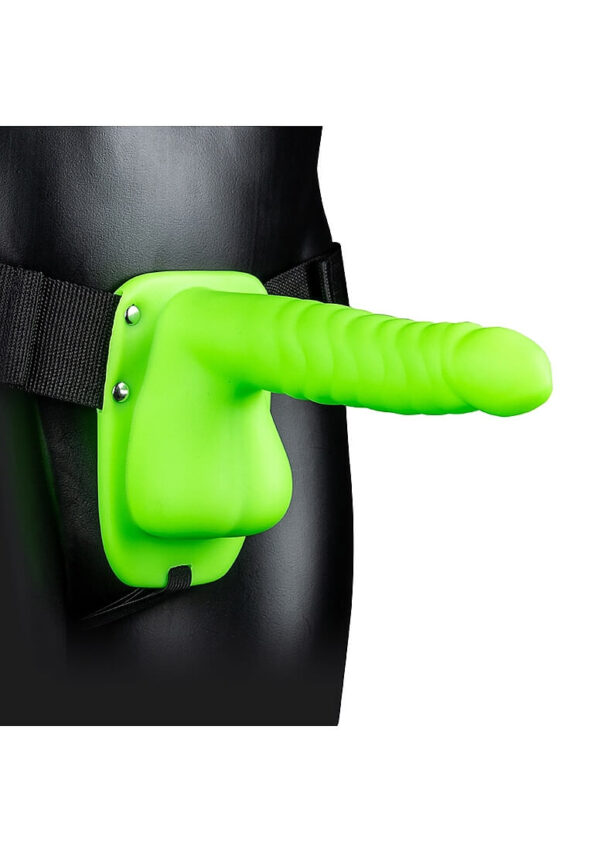 Ouch! Ribbed 8 in. Hollow Strap-On with Balls - Neon Green