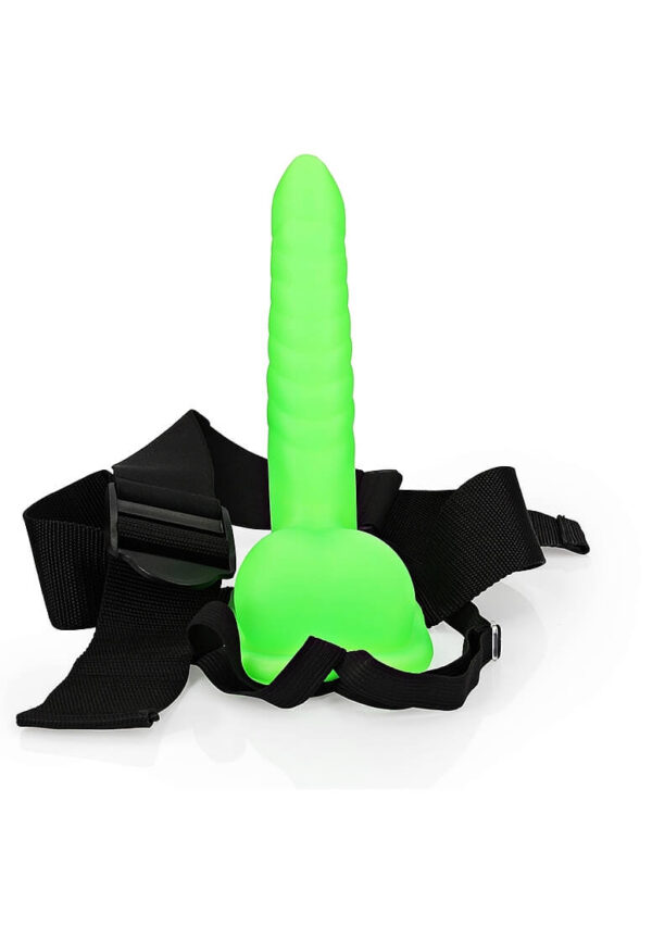 Ouch! Ribbed 8 in. Hollow Strap-On with Balls - Neon Green