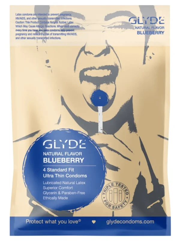 GLYDE ULTRA Thin Standard Fit Condoms Organic Blueberry Flavor 4-Count