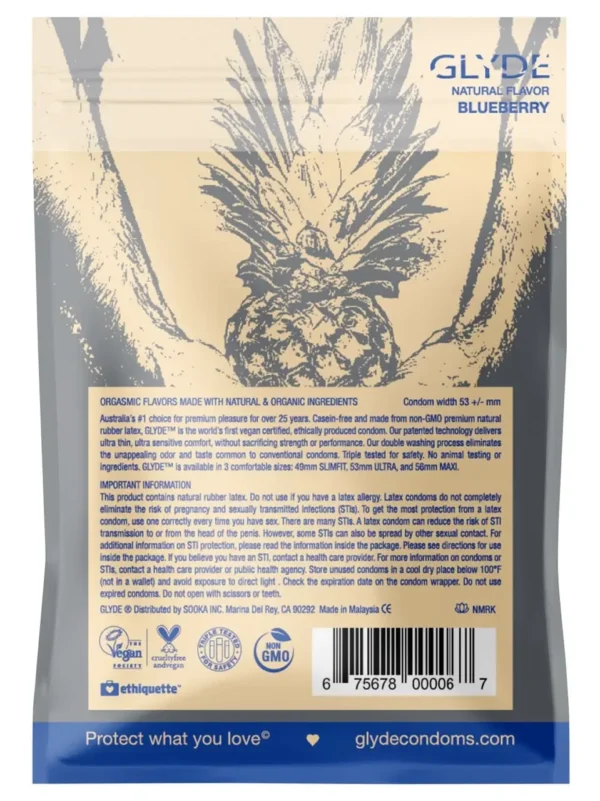 GLYDE ULTRA Thin Standard Fit Condoms Organic Blueberry Flavor 4-Count