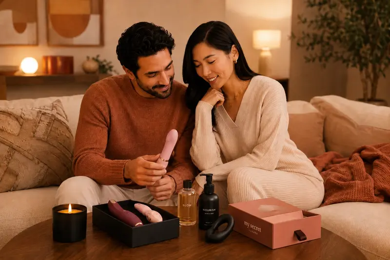 Couple choosing My Secret Luxury sex toys and intimacy essentials for shared pleasure